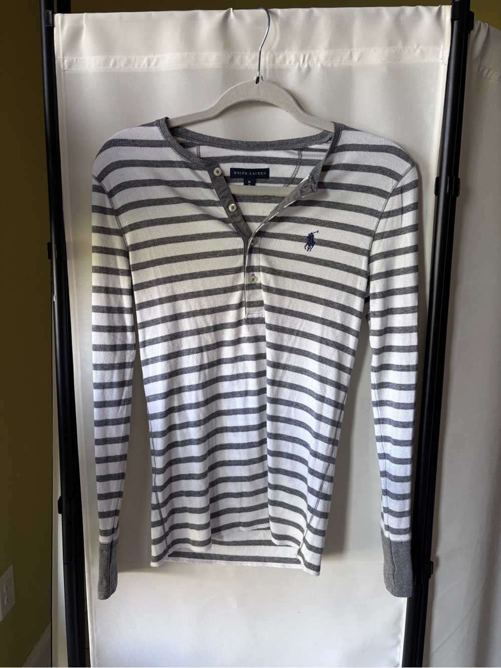 Ralph Lauren White and Gray Striped Long-Sleeve Henley Top